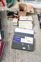 AN ASSORTMENT OF ITEMS TO INCLUDE A MICROSCOPE AND SLIDES AND A CAMERA ETC