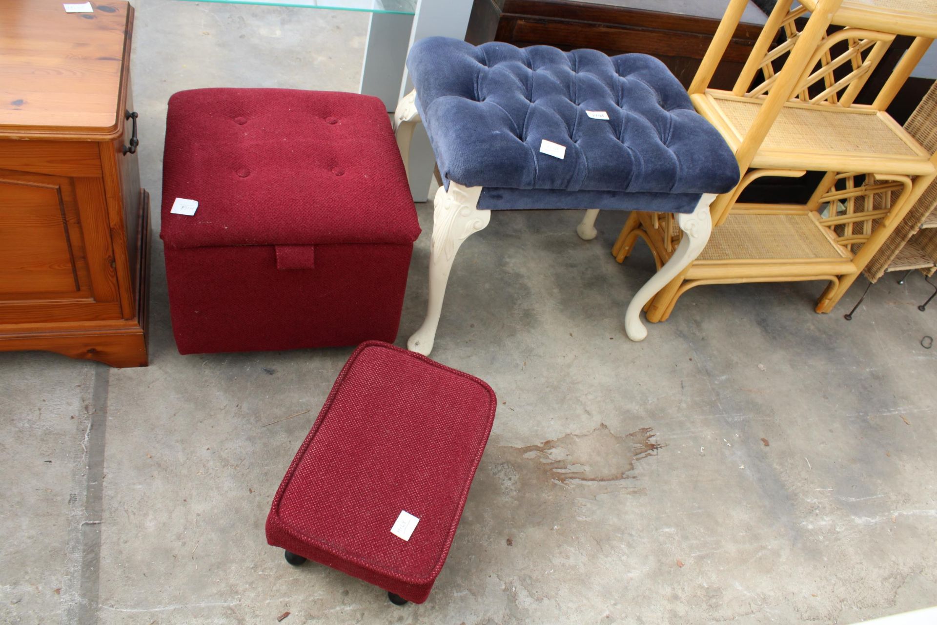 TWO MODERN STOOLS AND AN OTTOMAN