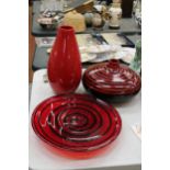 A STRIKING RED AND BLACK STRIPED VASE, RED AND BLACK LARGE GLASS DISH AND A LARGE RED VASE