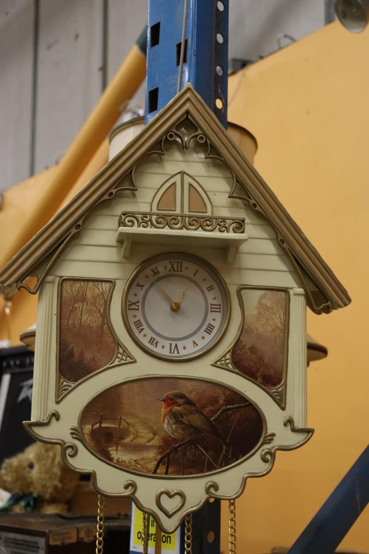 A PORCELAIN SCULPTURED CUCKOO CLOCK WITH OAK LEAF WEIGHTS - Image 2 of 6