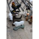 THREE CAST IRON ANIMAL DOORSTOPS AND TWO VINTAGE COBBLERS LASTS