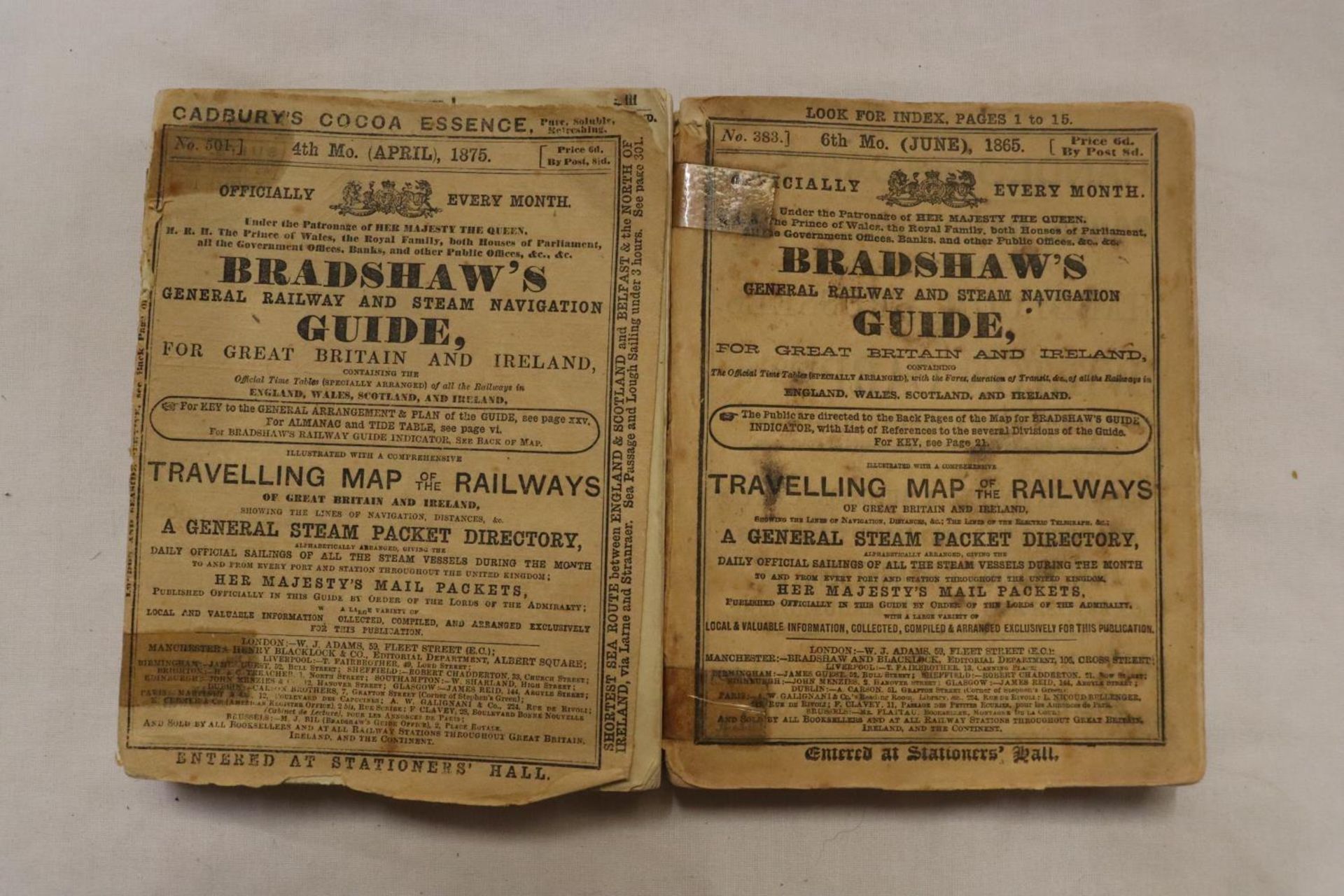 A BRADSHAWS MONTHLY RAILWAY GUIDE DATED JUNE 1865 AND A FURTHER COPY APRIL 1875, PAPERBACK VERSIONS