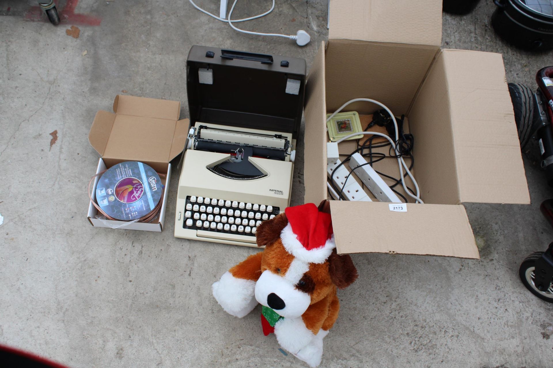 CHRISTMAS TEDDY, PTX LEADS, IMPERIAL 2000 PORTABLE TYPEWRITER AND QUANTITY OF SPEAKER WIRES