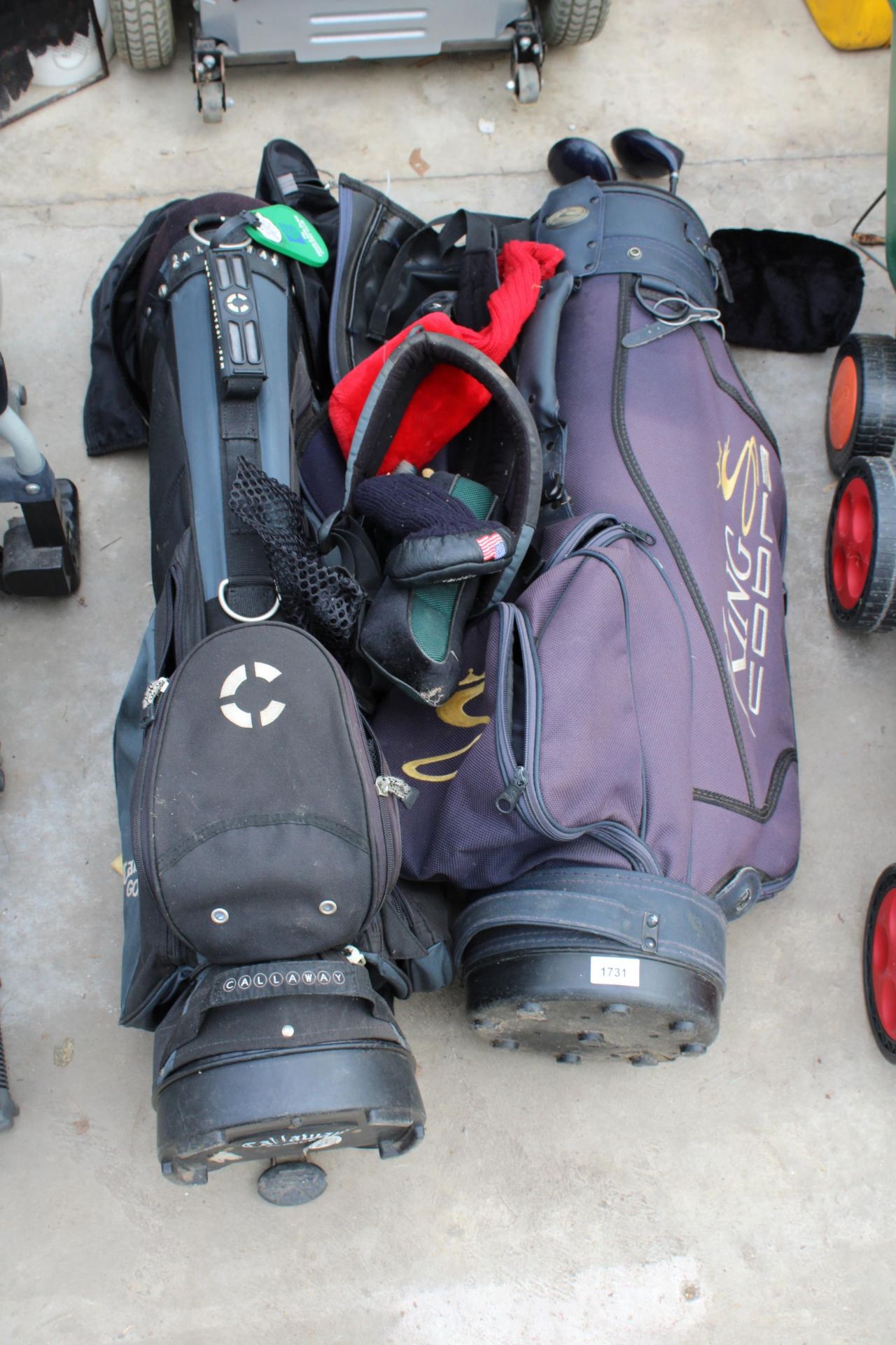 TWO GOLF BAGS AND AN ASSORTMENT OF GOLF CLUBS