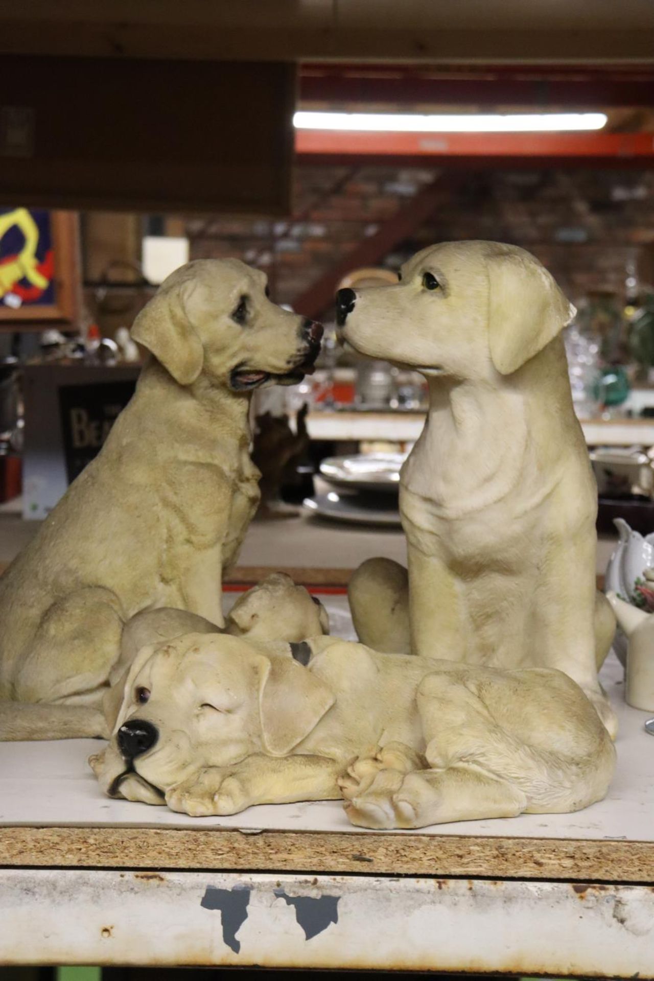 THREE LARGE RESIN GOLDEN LABRADOR DOG FIGURES