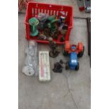 AN ASSORTMENT OF ITEMS TO INCLUDE A TRACTOR, A BRASS GOBLET AND DRAGON FIGURES