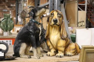 A LARGE VINTAGE BASSETT HOUND, COLLIE LASSIE DOG AND DOBERMAN