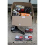 AN ASSORTMENT OF CYCLING SPARE PARTS TO INCLUDE LIGHTS AND A SEAT ETC