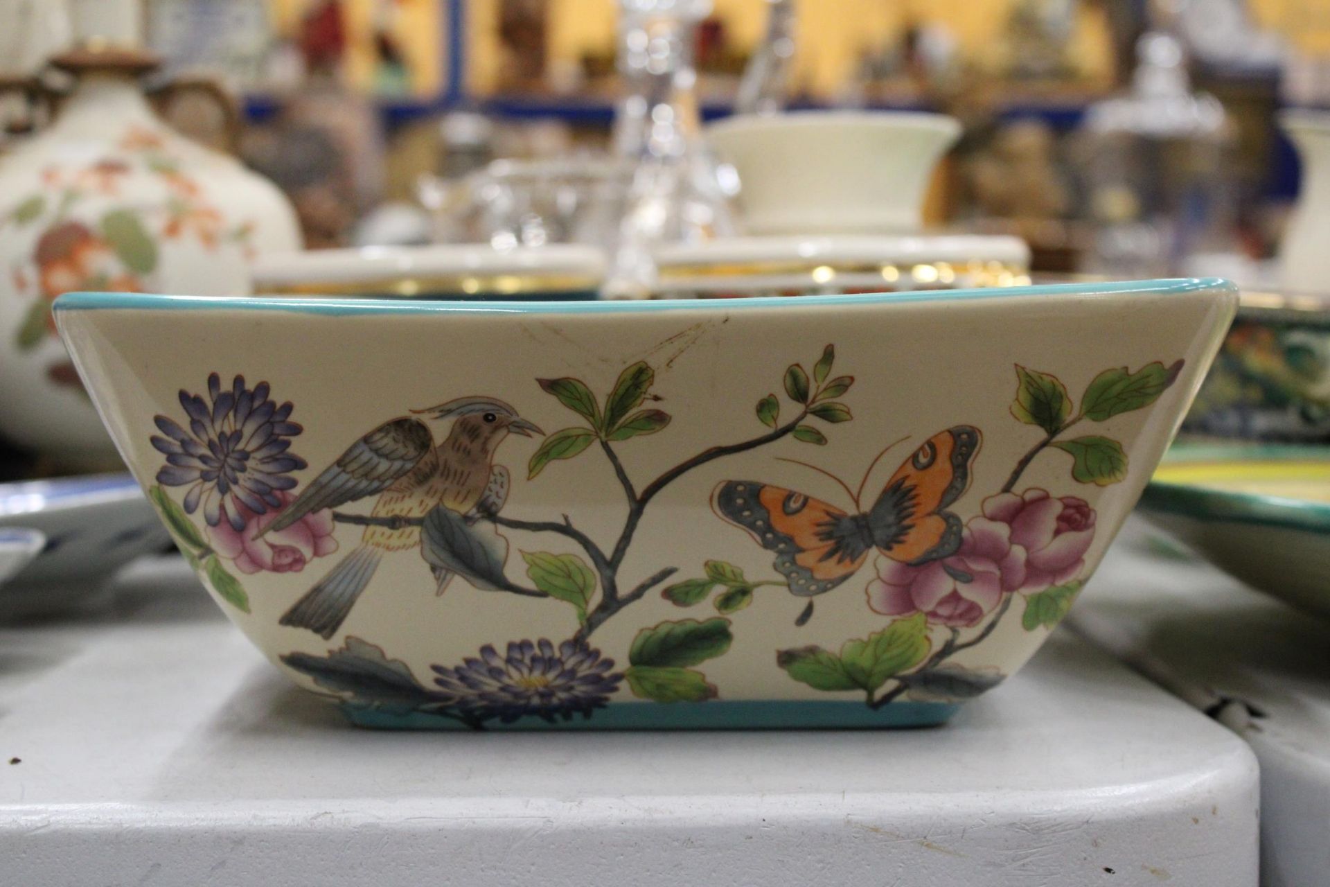 TWO CROWN DEVON PLANT HOLDERS, A LARGE FLORAL AND BIRD DECORATED BOWL, WEDGWOOD VASE, GLASS DECANTER - Image 2 of 6