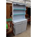 A PAINTED KITCHEN DRESSER WITH GLASS KNOBS AND PLATE RACK 38" WIDE