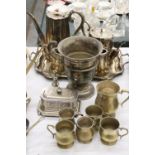 A QUANTITY OF SILVERPLATE TO INCLUDE A LINED TRINKET BOX, GOBLETS, COFFEE AND TEAPOT, TRAY, ETC.,