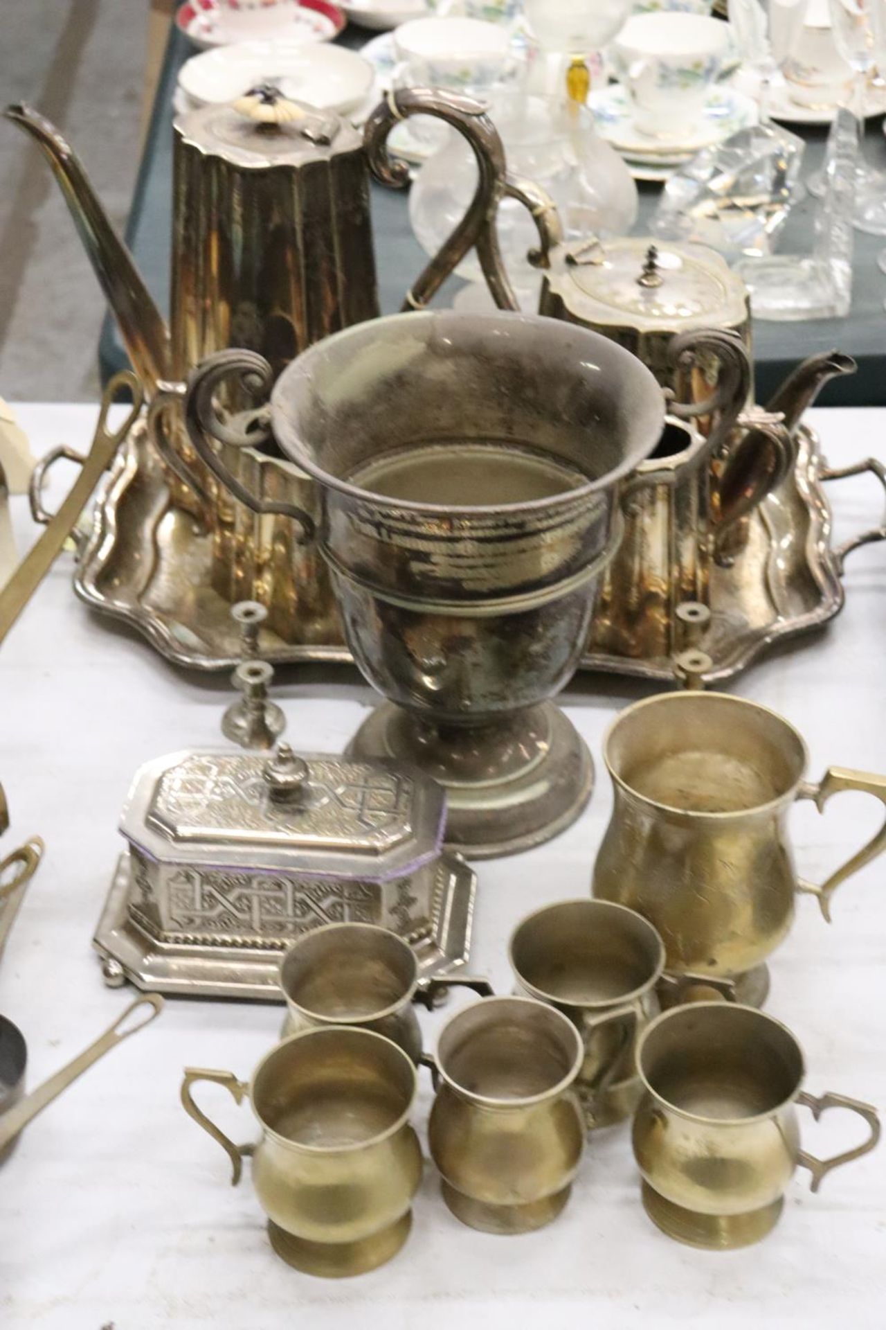 A QUANTITY OF SILVERPLATE TO INCLUDE A LINED TRINKET BOX, GOBLETS, COFFEE AND TEAPOT, TRAY, ETC.,