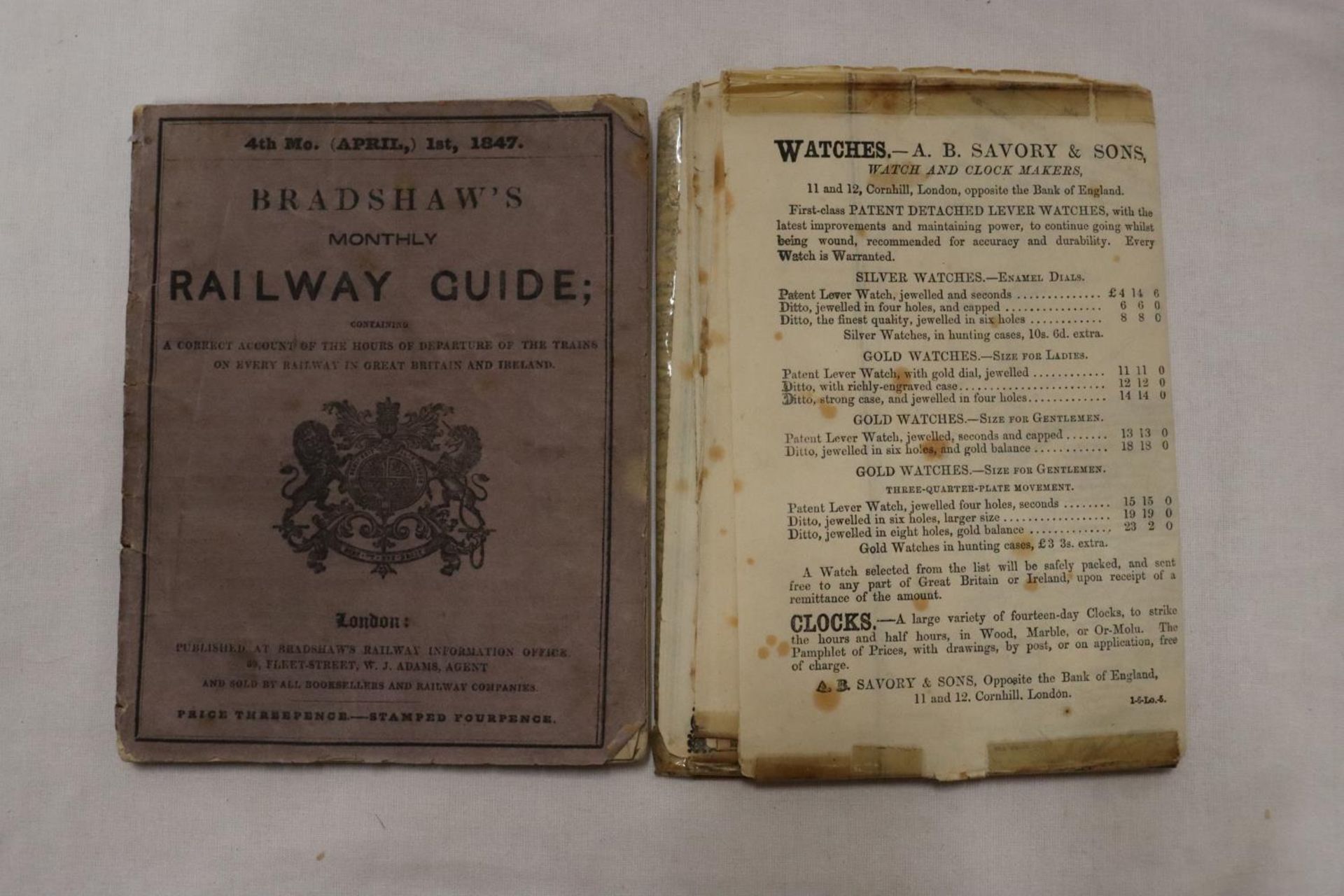 A BRADSHAWS MONTHLY RAILWAY GUIDE DATED APRIL 1847, PAPERBACK VERSION AND A FOLD OUT RAILWAY MAP