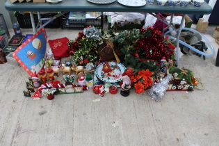 A LARGE ASSORTMENT OF CHRISTMAS ITEMS TO INCLUDE FIGURES, AND ARTIFICIAL FLOWERS ETC