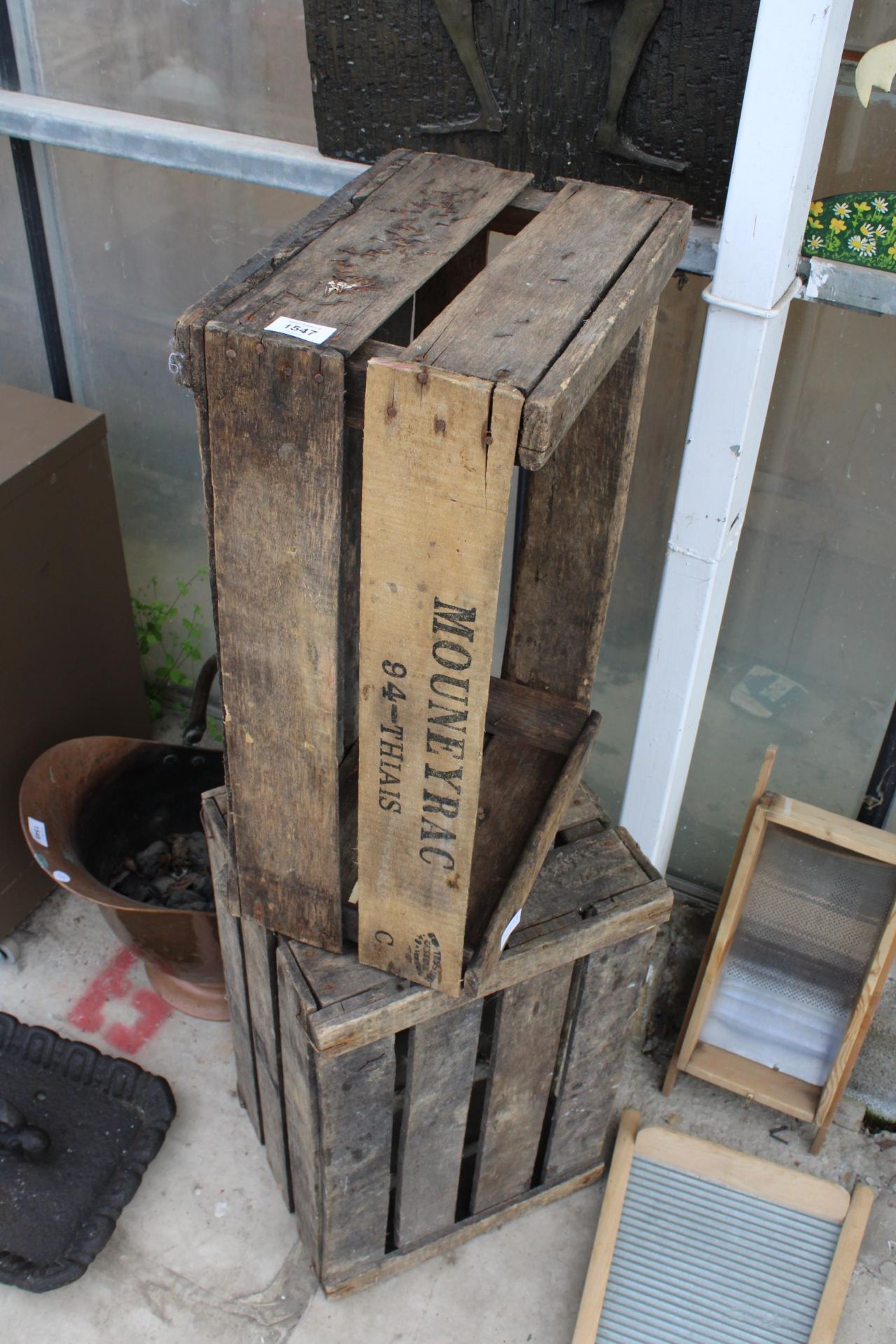 A VINTAGE MONOGRAMED WOODEN CRATE AND A FURTHER WOODEN CRATE