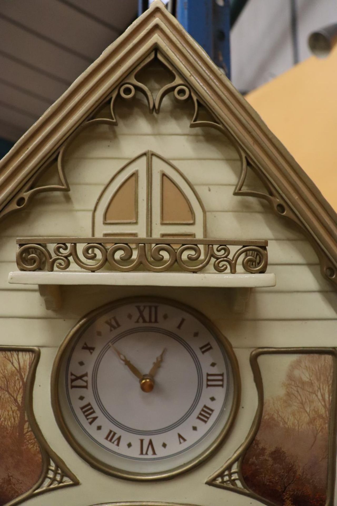 A PORCELAIN SCULPTURED CUCKOO CLOCK WITH OAK LEAF WEIGHTS - Image 3 of 6