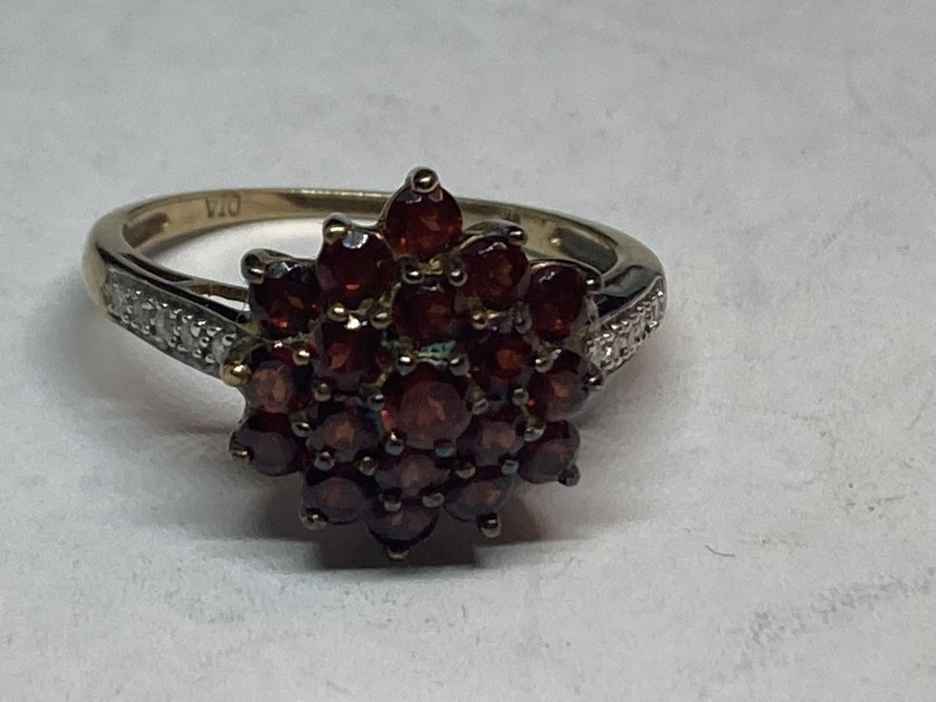A 9 CARAT GOLD CLUSTER RING WITH GARNETS AND DIAMONDS SIZE P