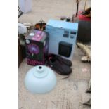 AN ASSORTMENT OF ITEMS TO INCLUDE TRAINERS, A PLASMA BALL AND A PAPER SHREDDER ETC