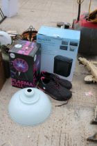 AN ASSORTMENT OF ITEMS TO INCLUDE TRAINERS, A PLASMA BALL AND A PAPER SHREDDER ETC