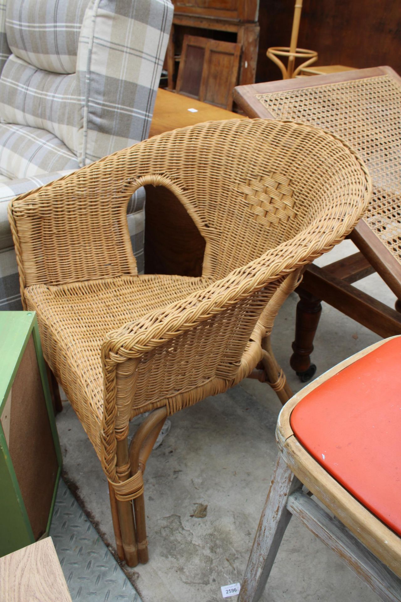 A WICKER CONSERVATORY CHAIR, 1950'S STOOL, NEST OF TWO TABLES AND SMALL CORNER CUPBOARD - Image 3 of 4