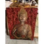 A LARGE COLOURFUL BOX CANVAS OF A BUDDAH, 81CM X 60CM