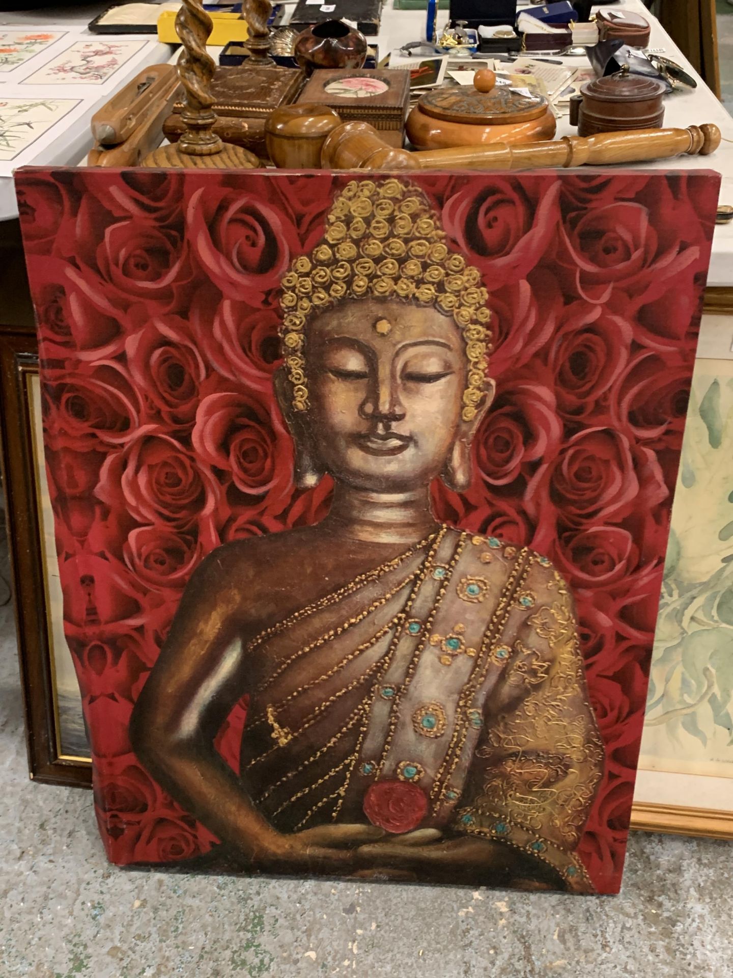 A LARGE COLOURFUL BOX CANVAS OF A BUDDAH, 81CM X 60CM