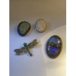 FOUR BROOCHES TO INCLUDE TWO SILVER AND A GOLD PLATED CAMEO