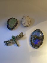 FOUR BROOCHES TO INCLUDE TWO SILVER AND A GOLD PLATED CAMEO