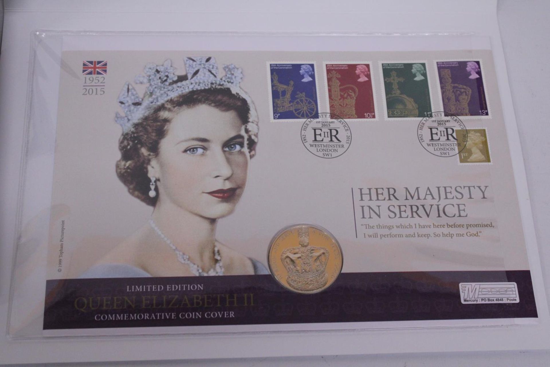 A COLLECTION OF STAMPS AND COINS TO INCLUDE A 2015 HER MAJESTY IN SERVICE £5 COIN AND STAMPS AND A - Image 2 of 6