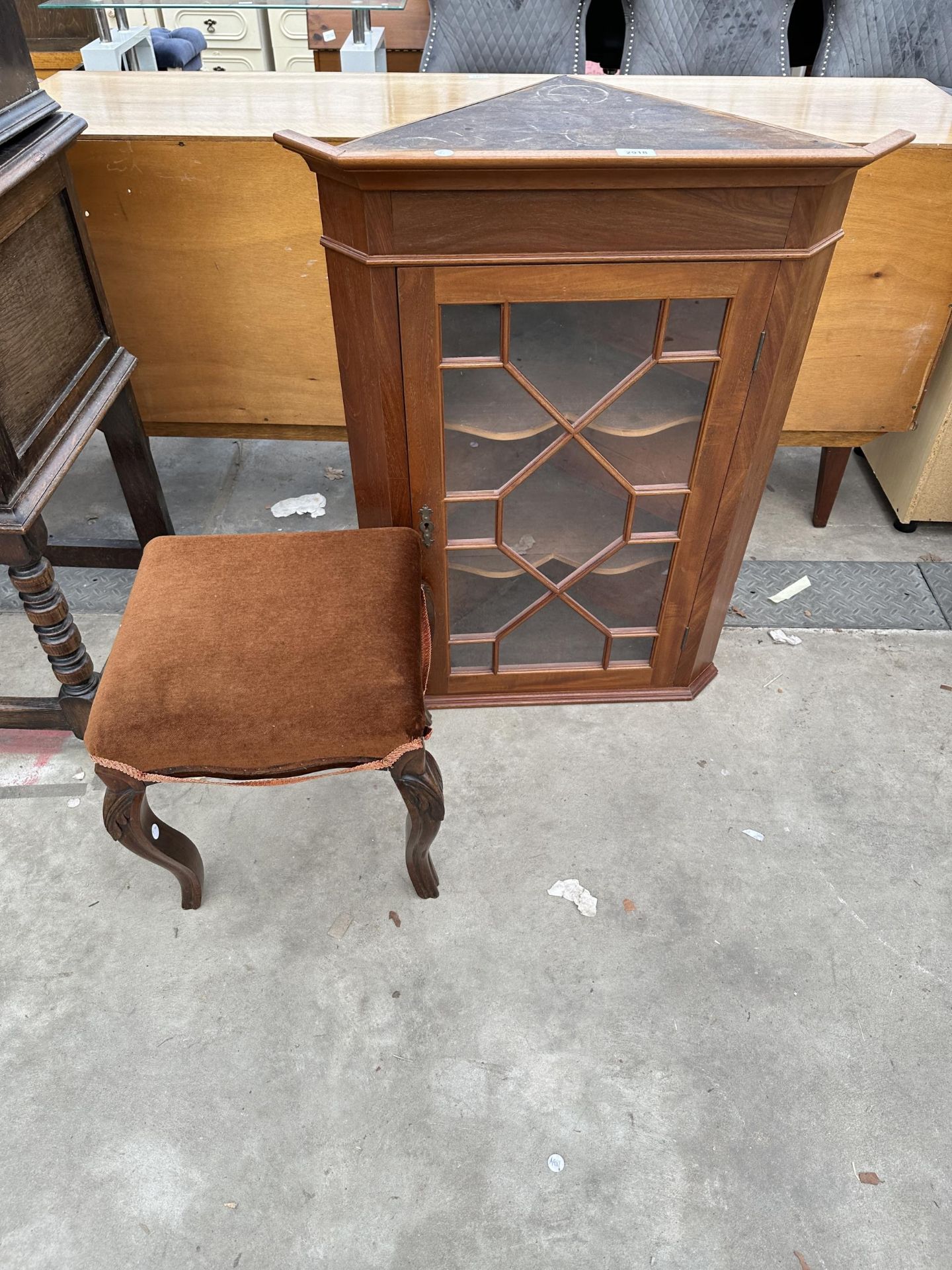 A VICTORIAN STYLE STOOL AND ASTRAGAL GLAZED CORNER CUPBOARD