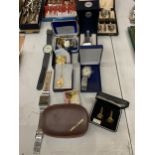 A MIXED LOT OF COSTUME JEWELLERY TO INCLUDE WATCHES, CUFFLINKS A NECKLACE ETC