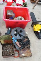 AN ASSORTMENT OF TOOLS AND HARDWARE TO INCLUDE A G CLAMP, ANGLE GRINDER AND A LARGE CHAIN ETC