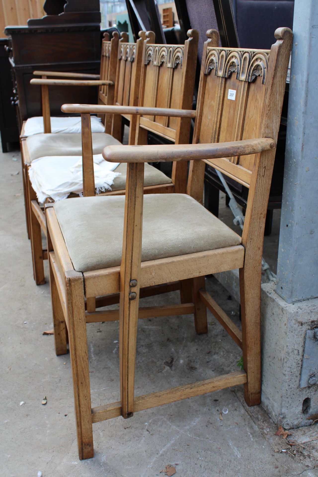FOUR JAMES PHILLIPS AND SON OAK ARTS AND CRAFTS STYLE CHAIRS TWO BEING CARVERS - Image 3 of 5