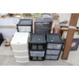 AN ASSORTMENT OF PLASTIC STORAGE DRAWERS AND SHELVES ETC