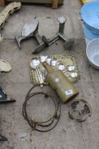 AN ASSORTMENT OF ITEMS TO INCLUDE A STONEWARE BOTTLE, COBBLERS LASTS AND SPOONS ETC