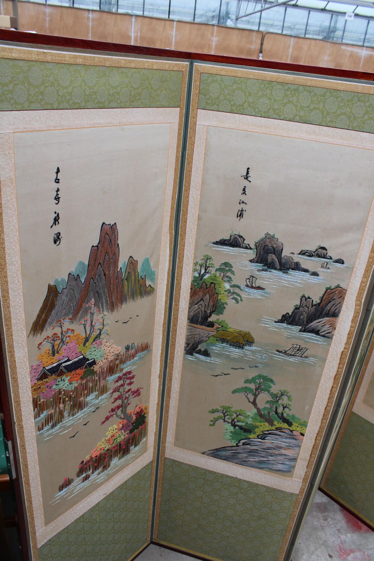 AN ORIENTAL SIX DIVISION SCREEN WITH TAPESTRY AND SILK MOUNTAIN SCENES EACH SECTION IS 60" X 18" - Image 2 of 7