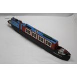 A HANDBUILT AND HANDPAINTED CANAL BARGE, LENGTH 53CM, HEIGHT 9CM