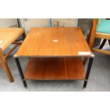 A RETRO TEAK TWO TIER COFFEE TABLE ON BLACK LEGS, 24" SQUARE