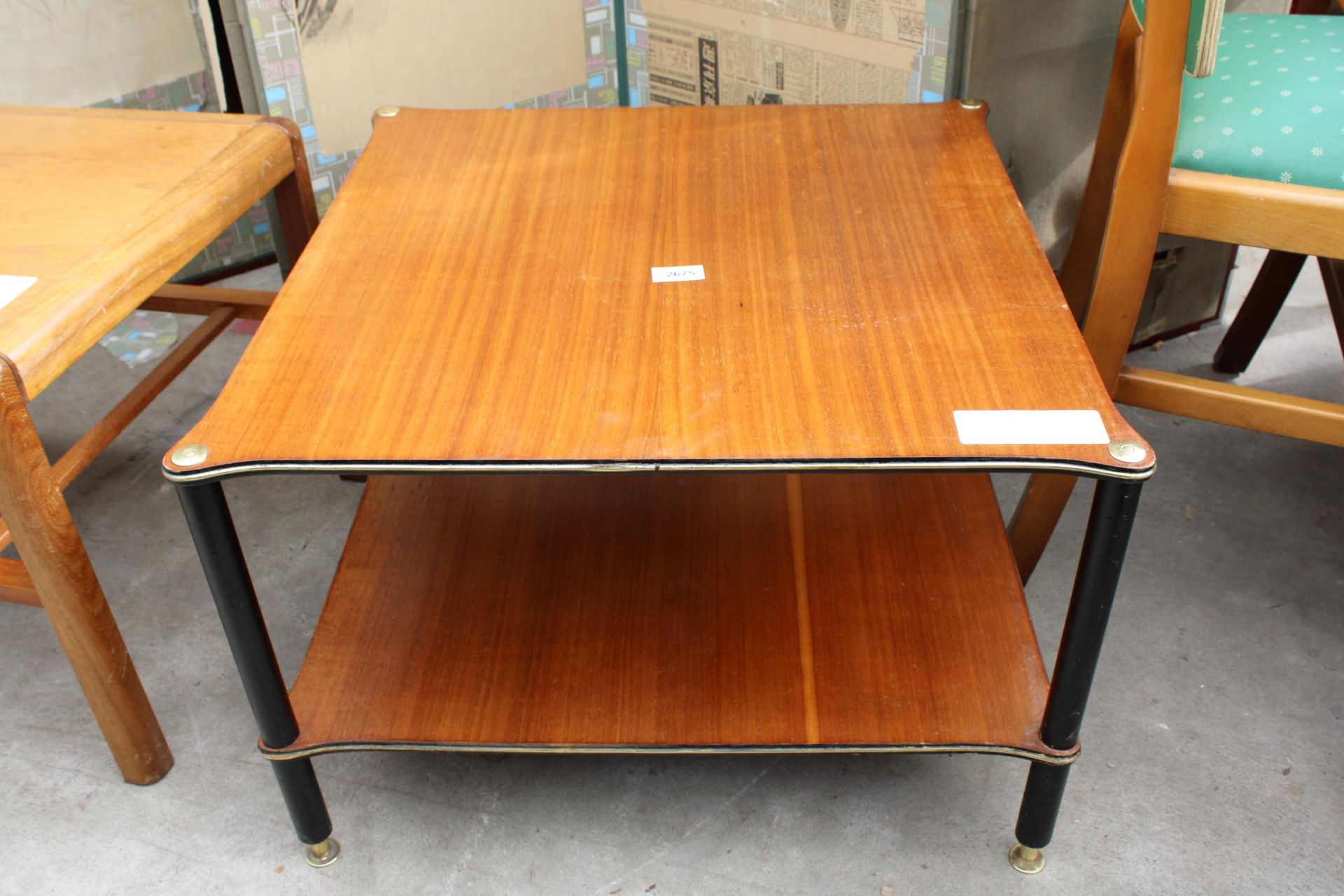 A RETRO TEAK TWO TIER COFFEE TABLE ON BLACK LEGS, 24" SQUARE