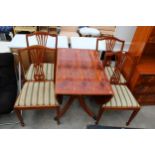 A MODERN YEW WOOD PEDESTAL DROP-LEAF DINING TABLE AND FOUR MATCHING CHAIRS