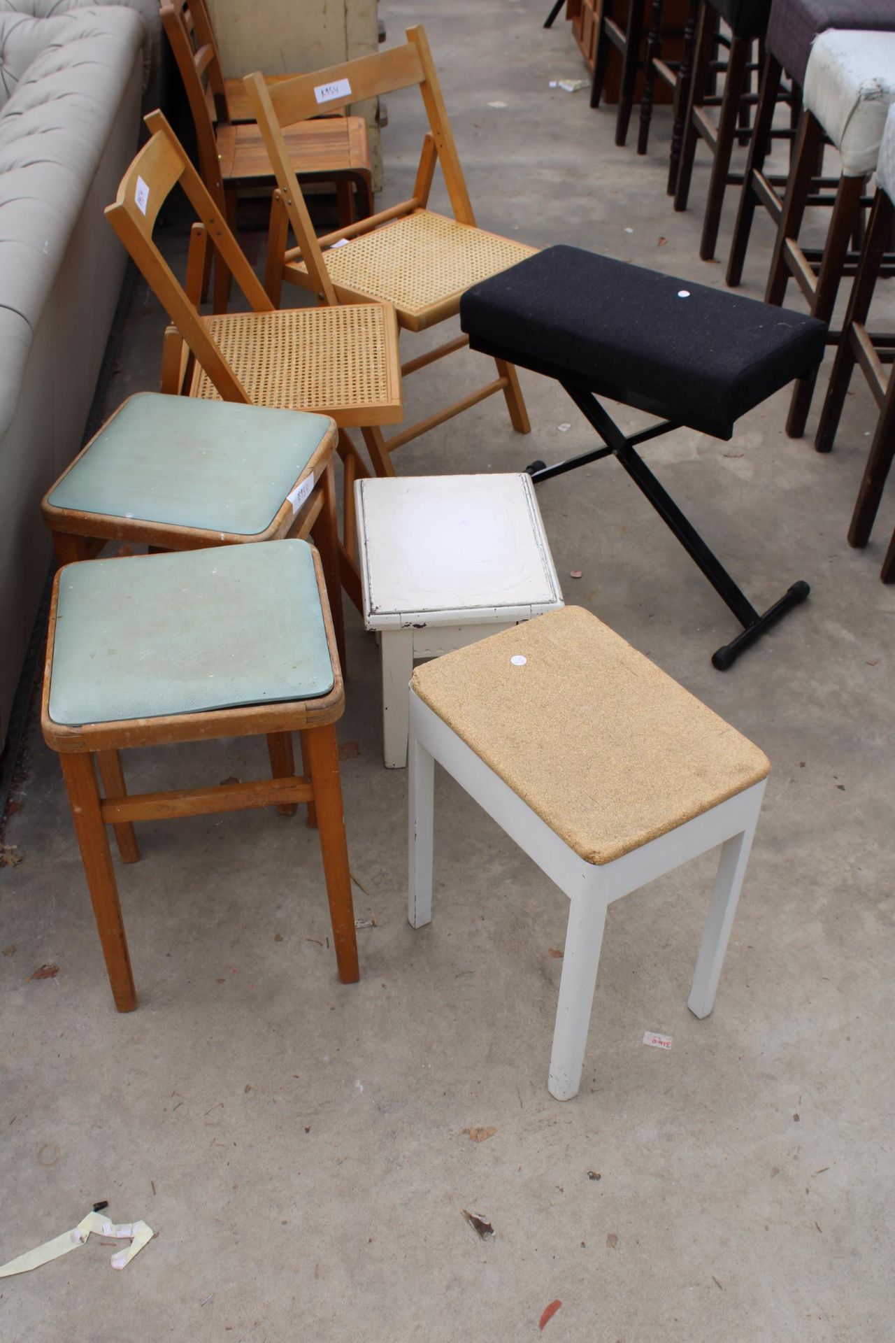 TWO FOLDING CHAIRS, TWO 1950'S KITCHEN STOOLS, LYNX STOOL AND TWO OTHERS - Image 2 of 4