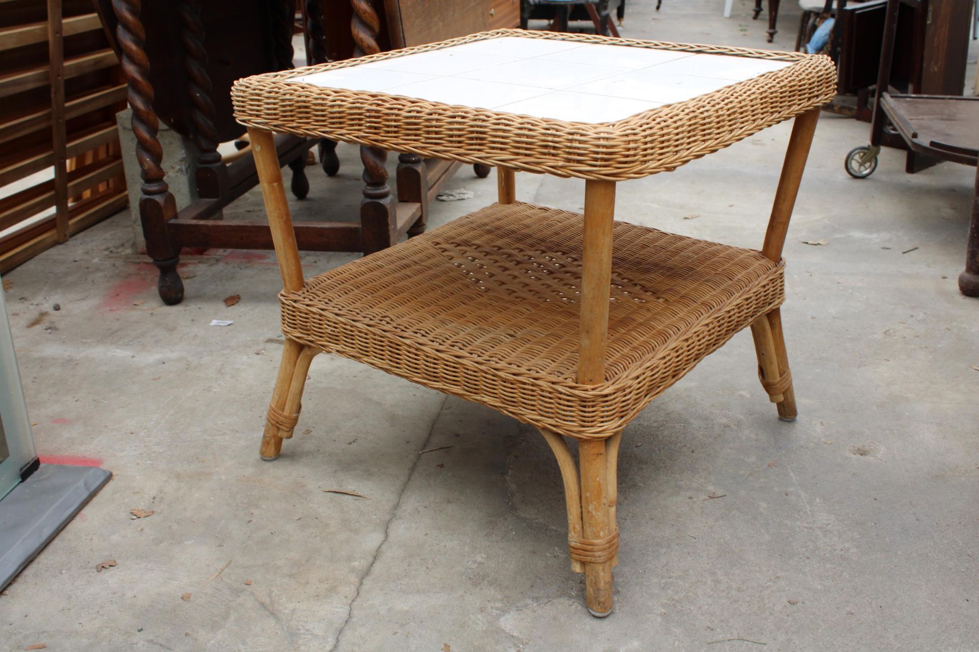 A TWO TIER WICKER LAMP TABLE WITH TILED TOP AND A GLASS FRONTED TWO DOOR BOOKCASE - Image 2 of 6