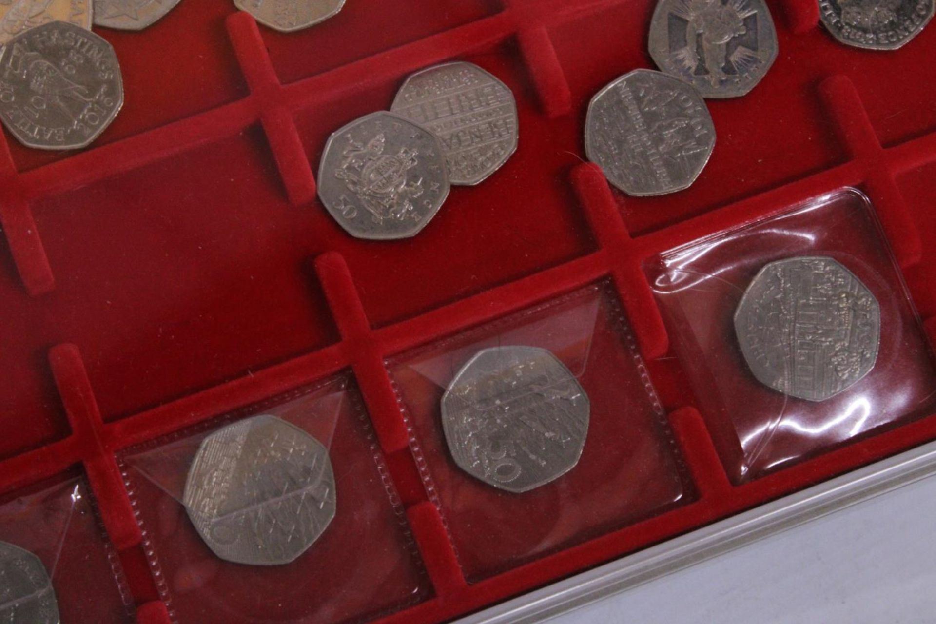 UK 50P COIN COLLECTION ARRANGED IN THREE LINDNER TRAYS 68 IN TOTAL ,UNCHECKED, CAREFUL EXAMINATION - Image 7 of 7