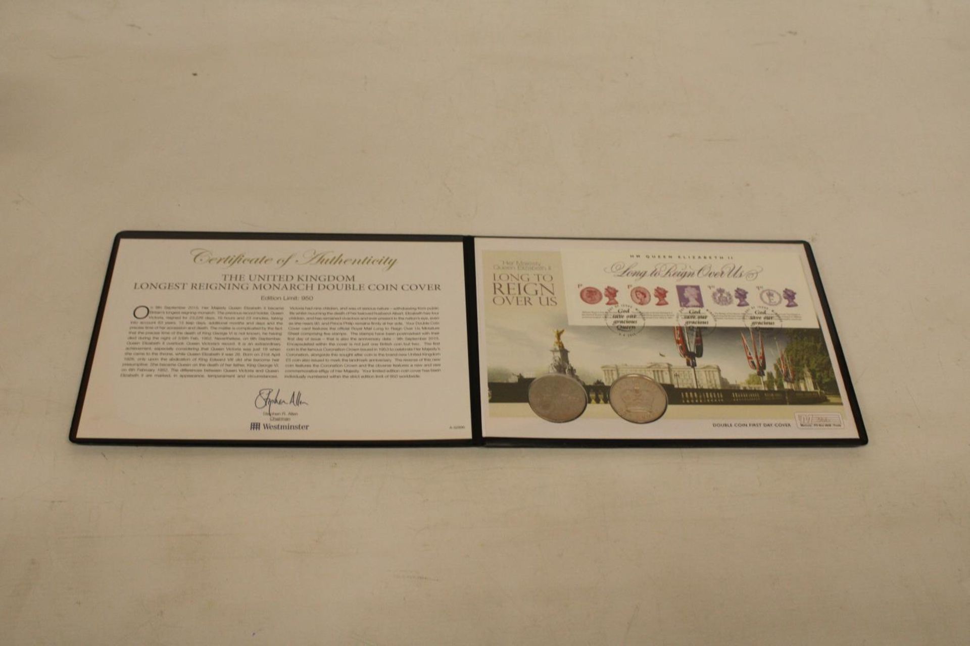 A DOUBLE COIN COVER TO CELEBRATE THE UNITED KINGDOM LONGEST REIGNING MONARCH WITH CERTIFICATE OF