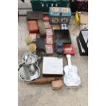 A LARGE ASSORTMENT OF VINTAGE TINS AND KITCHEN ITEMS ETC