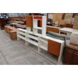 FIVE VARIOUS WHITE STORAGE SHELVES, TWO WITH TEAK DOORS