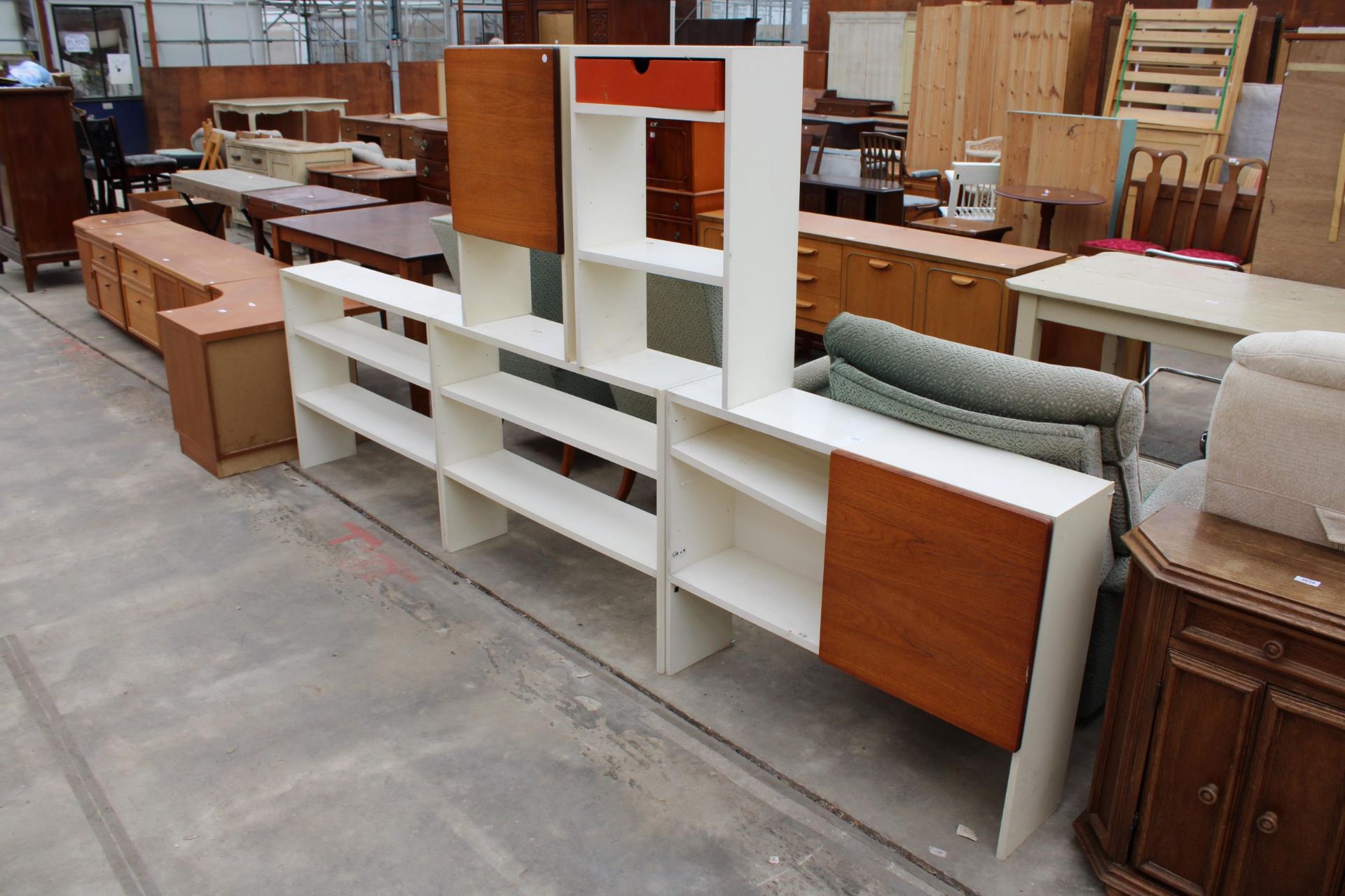 FIVE VARIOUS WHITE STORAGE SHELVES, TWO WITH TEAK DOORS