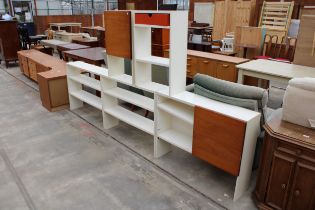FIVE VARIOUS WHITE STORAGE SHELVES, TWO WITH TEAK DOORS