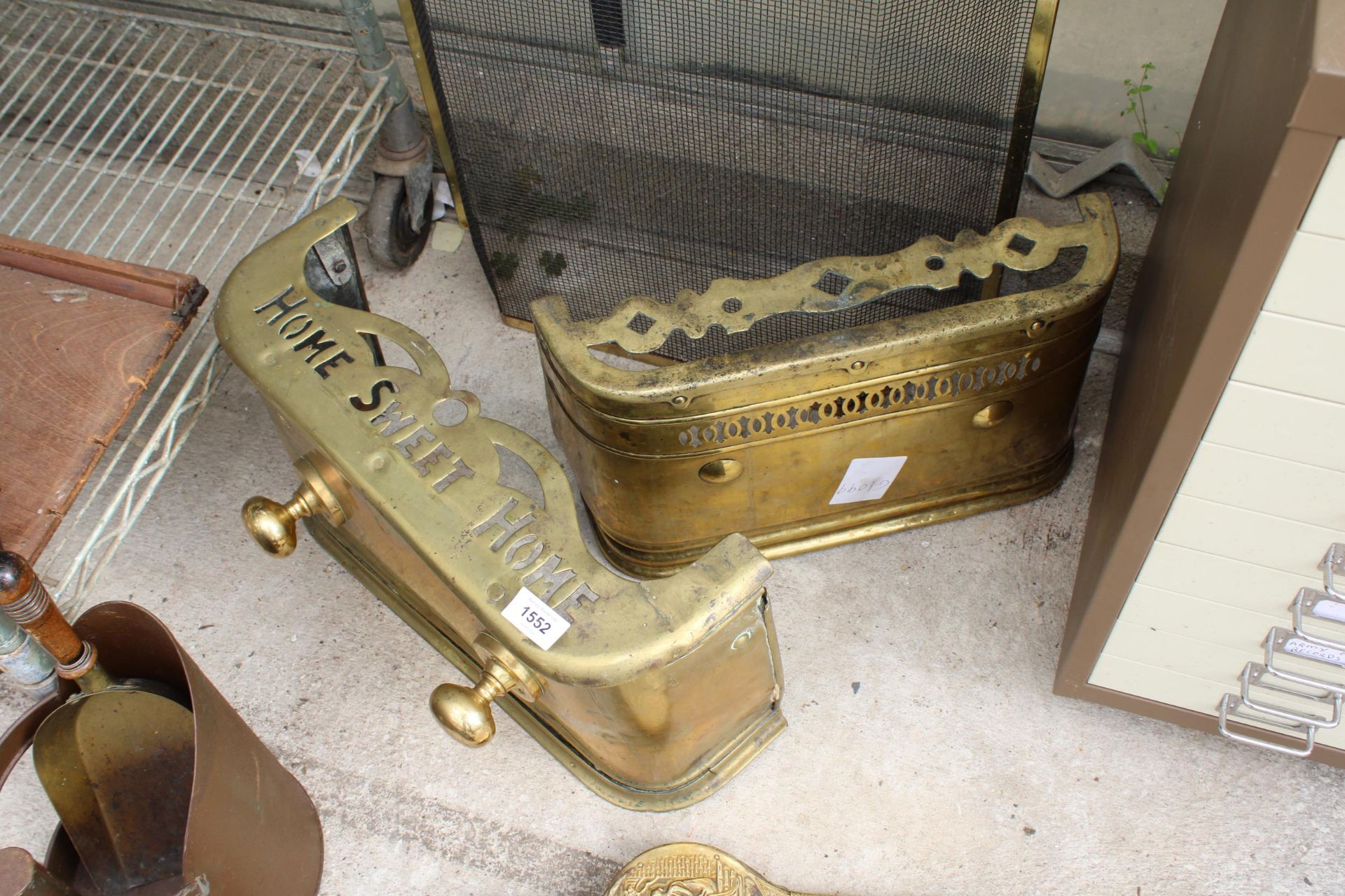 TWO BRASS FIRE FRONTS, A FIRE SCREEN AND BRASS BELOWS ETC - Image 2 of 2