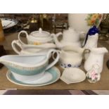 A QUANTITY OF CERAMIC ITEMS TO INCLUDE SAUCE BOATS, JUGS, TEAPOTS, ETC